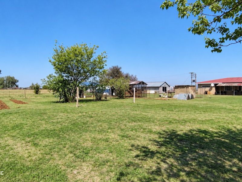 A spacious farm backyard featuring open grass areas, perimeter fencing, and various outbuildings under a clear blue sky.