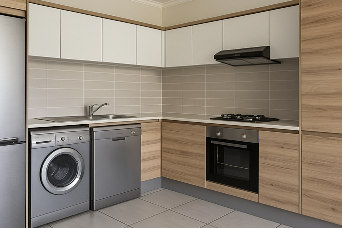 Modern kitchen featuring light wood-tone cabinetry, white upper cabinets, integrated stainless steel appliances, tiled backsplash, and neutral floor tiles.