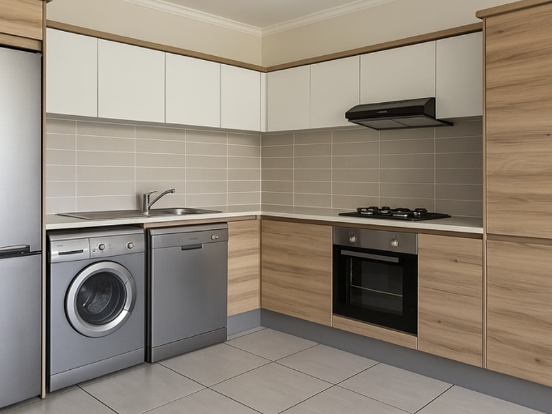 Modern kitchen featuring light wood-tone cabinetry, white upper cabinets, integrated stainless steel appliances, tiled backsplash, and neutral floor tiles.