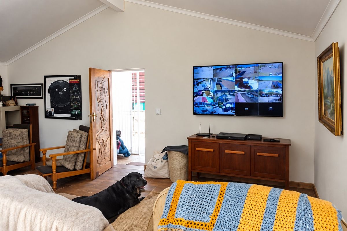A comfortable living room featuring a vaulted ceiling, tiled flooring, and a decorative carved wooden door leading to the exterior.