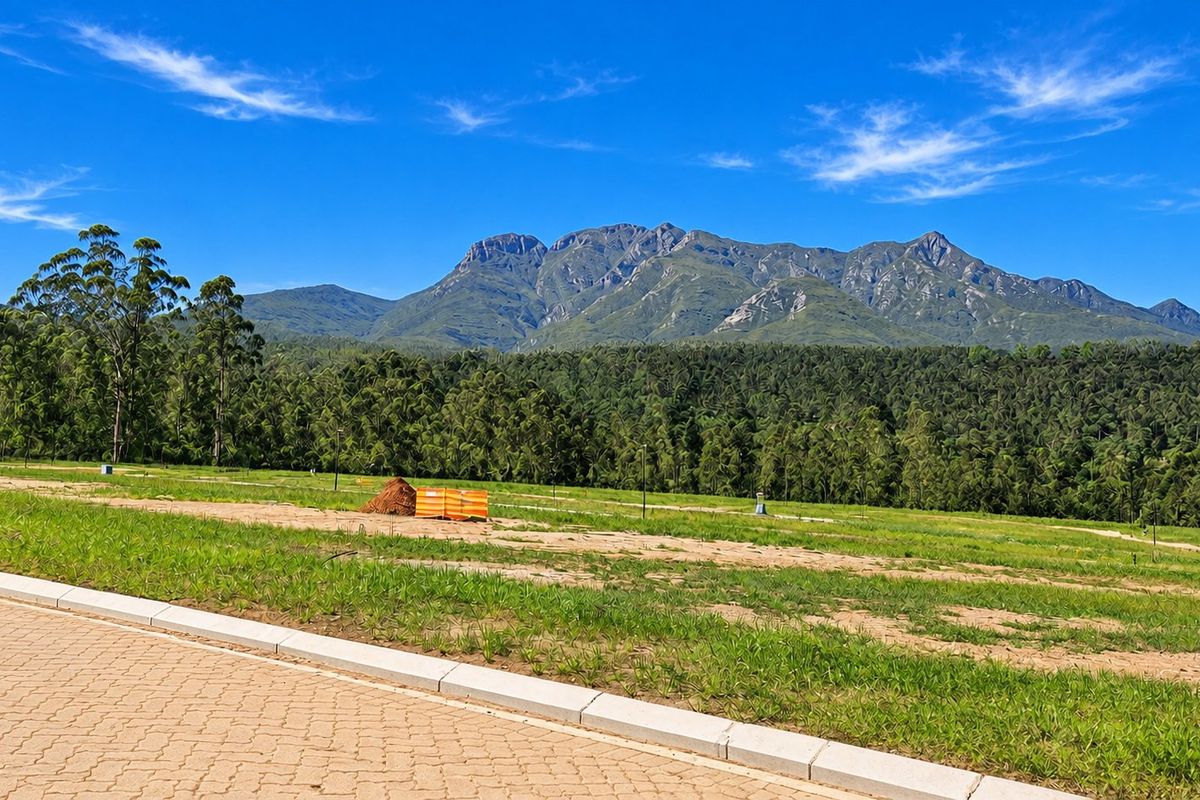 A scenic view of a mountain range overlooking a vacant residential plot with paved road access and concrete curbing.