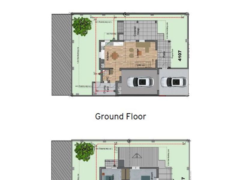 Architectural floor plan for a 165m2, 3-bedroom, 2.5-bathroom duplex house, detailing ground and first-floor layouts.