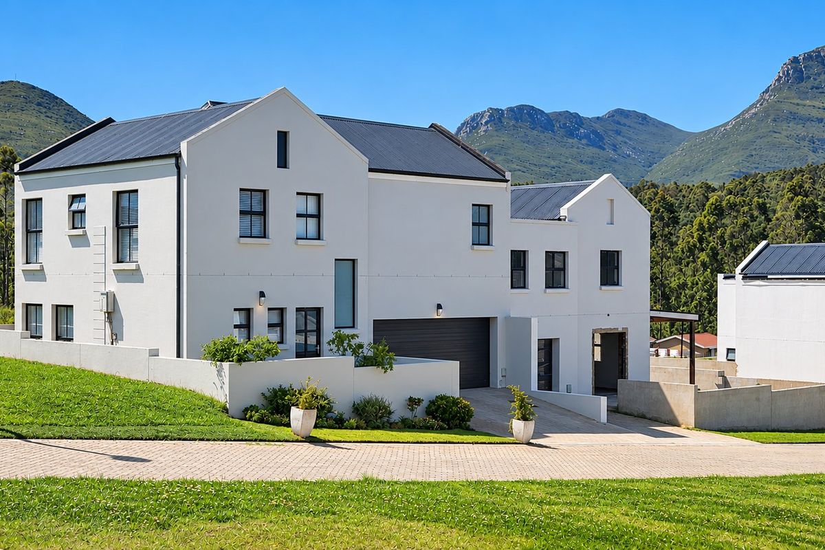 Modern two-story house with a clean white facade, dark metal roof, and integrated garage, set against a scenic mountain backdrop.
