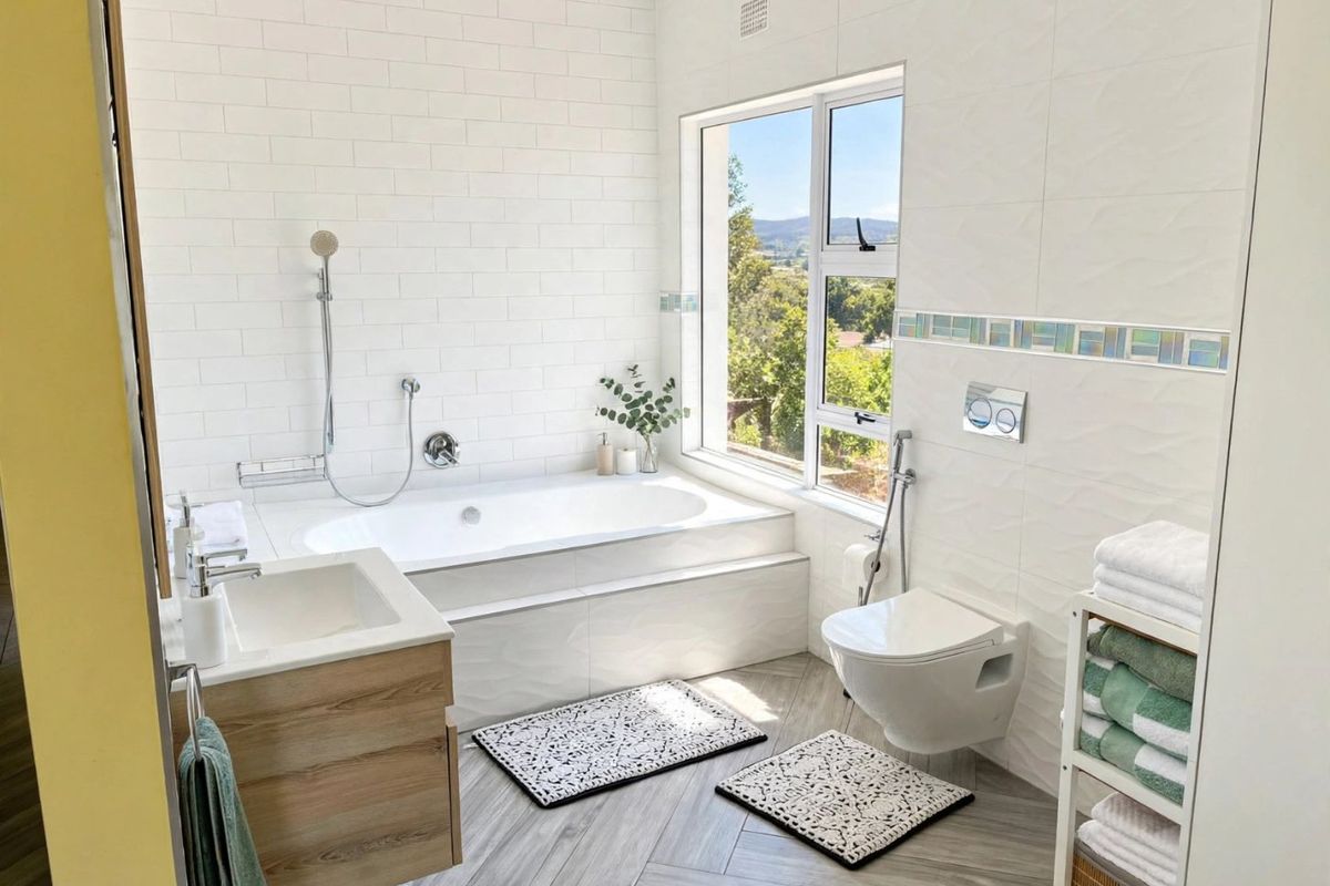 Modern bathroom featuring a built-in bathtub, wall-mounted toilet, vanity cabinet, and large window with scenic views, finished with contemporary tiling.