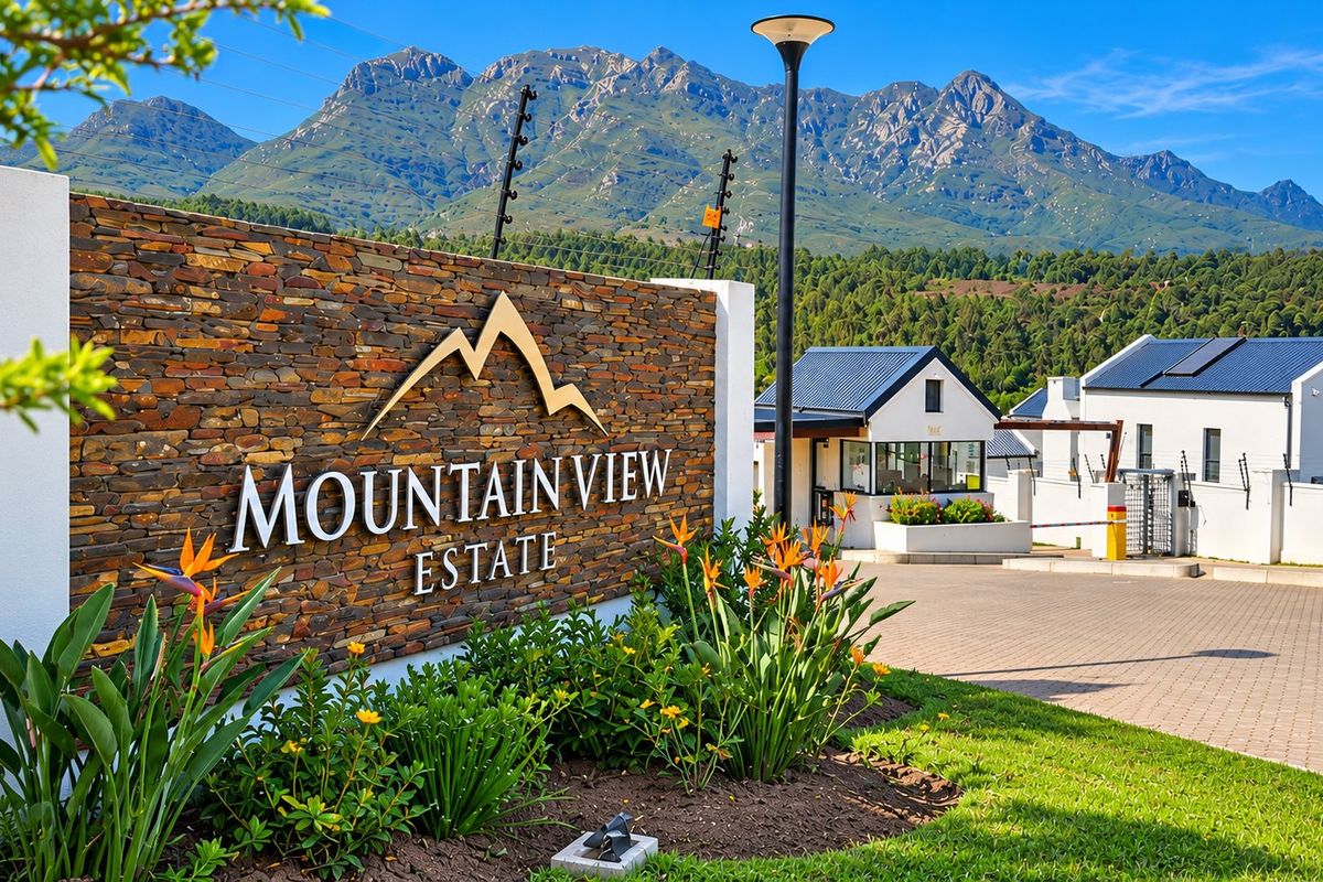 The entrance to Mountain View Estate featuring a stone-clad signage wall, paved driveway, and security gatehouse set against a scenic mountain backdrop.