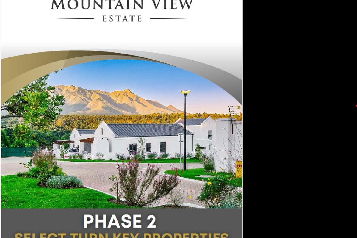 A promotional marketing image for Mountain View Estate featuring modern residential architecture with mountain views and landscaped grounds.