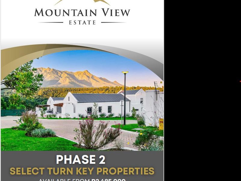 A promotional marketing image for Mountain View Estate featuring modern residential architecture with mountain views and landscaped grounds.
