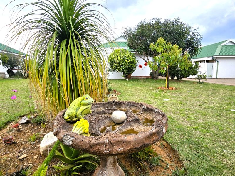 A well-maintained garden area featuring a lawn, established trees, and a paved driveway leading to a garage.