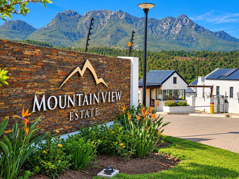 The entrance to Mountain View Estate featuring a stone-clad signage wall, paved driveway, and security gatehouse set against a scenic mountain backdrop.