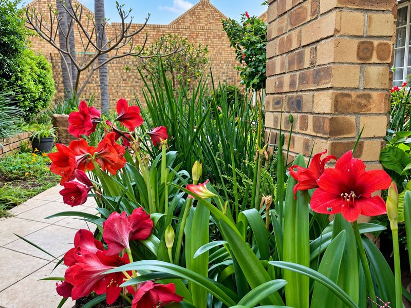 A well-maintained garden area featuring vibrant red amaryllis flowers, established greenery, and a face brick wall with tiled patio flooring.