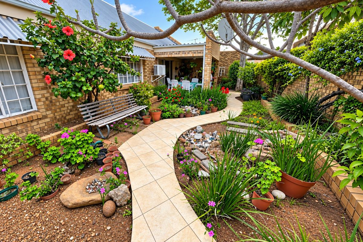 A well-maintained rear garden featuring a tiled pathway, brick facade, and a covered patio area, surrounded by established landscaping and brick boundary walls.
