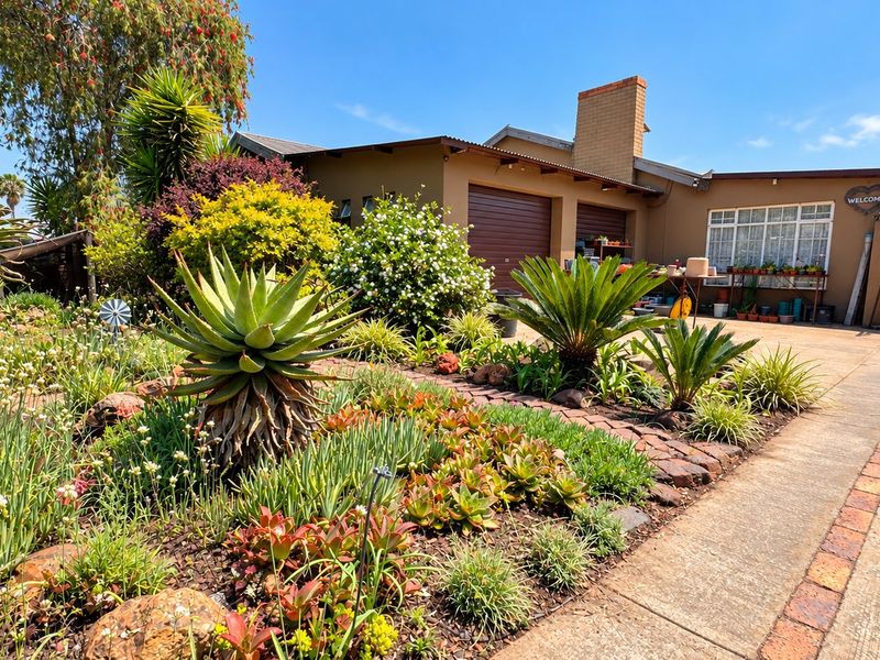 Front view of a well-maintained house featuring a double garage, brick chimney, and a beautifully landscaped garden with a paved driveway.