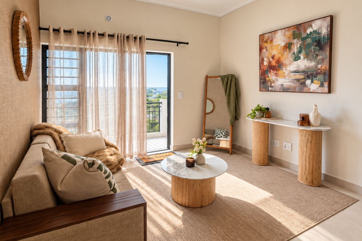 A bright and well-maintained living room featuring a sliding glass door that opens to a balcony, providing natural light and scenic views.