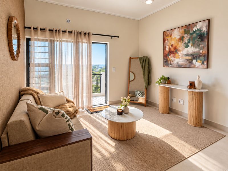 A bright and well-maintained living room featuring a sliding glass door that opens to a balcony, providing natural light and scenic views.