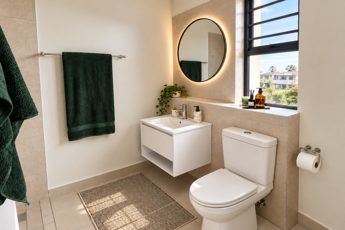 Modern bathroom featuring a wall-mounted vanity, backlit circular mirror, back-to-wall toilet, and neutral floor-to-ceiling tiling with natural light.