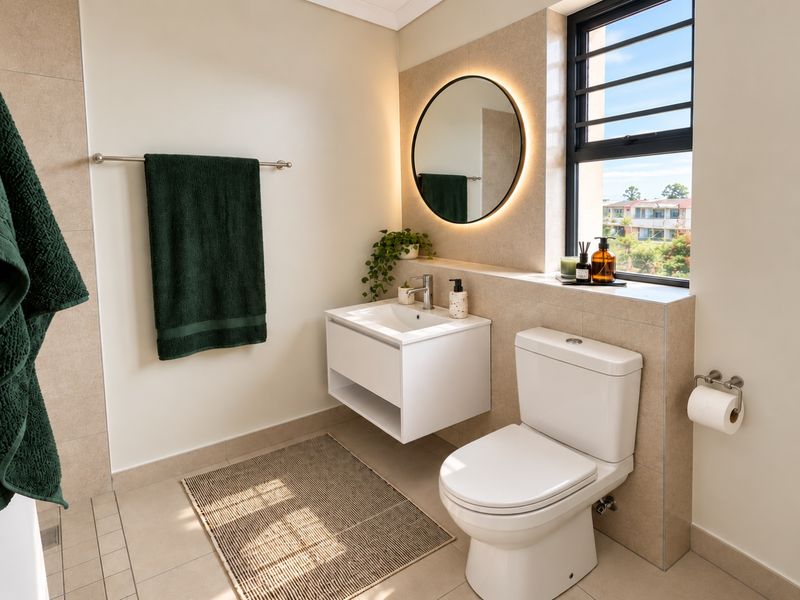 Modern bathroom featuring a wall-mounted vanity, backlit circular mirror, back-to-wall toilet, and neutral floor-to-ceiling tiling with natural light.
