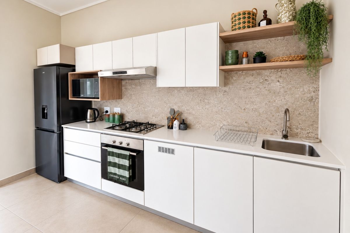 Modern kitchen featuring white cabinetry, stone countertops, a terrazzo-style backsplash, integrated gas hob, oven, and open shelving for a clean, contemporary aesthetic.