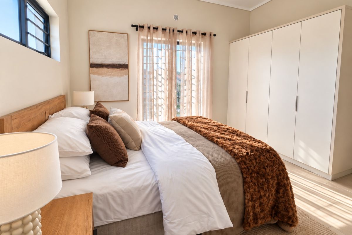 A well-lit bedroom featuring a spacious built-in wardrobe, neutral wall finishes, and a sliding door providing access to natural light.