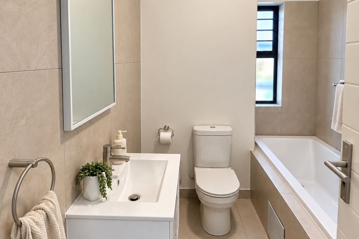 A modern, well-maintained bathroom featuring a wall-mounted vanity, a clean white basin, a toilet, and a tiled bathtub area with neutral finishes.