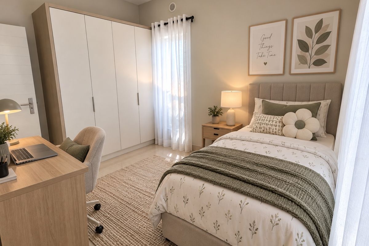 A well-maintained bedroom featuring a large built-in wardrobe, neutral tiled flooring, and natural light through sheer curtains.