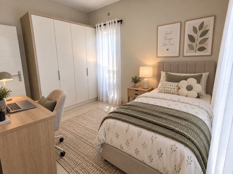 A well-maintained bedroom featuring a large built-in wardrobe, neutral tiled flooring, and natural light through sheer curtains.