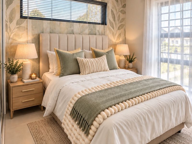 A well-lit, modern bedroom featuring neutral tones, patterned wallpaper, tiled flooring, and large windows with integrated blinds and curtains.