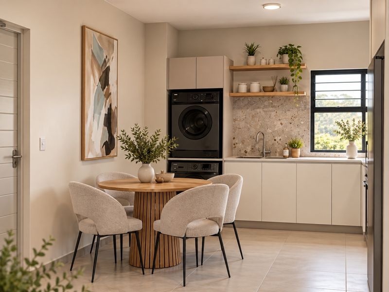A modern open-plan kitchen and dining area featuring sleek cabinetry, a terrazzo backsplash, floating shelves, and integrated laundry appliances.