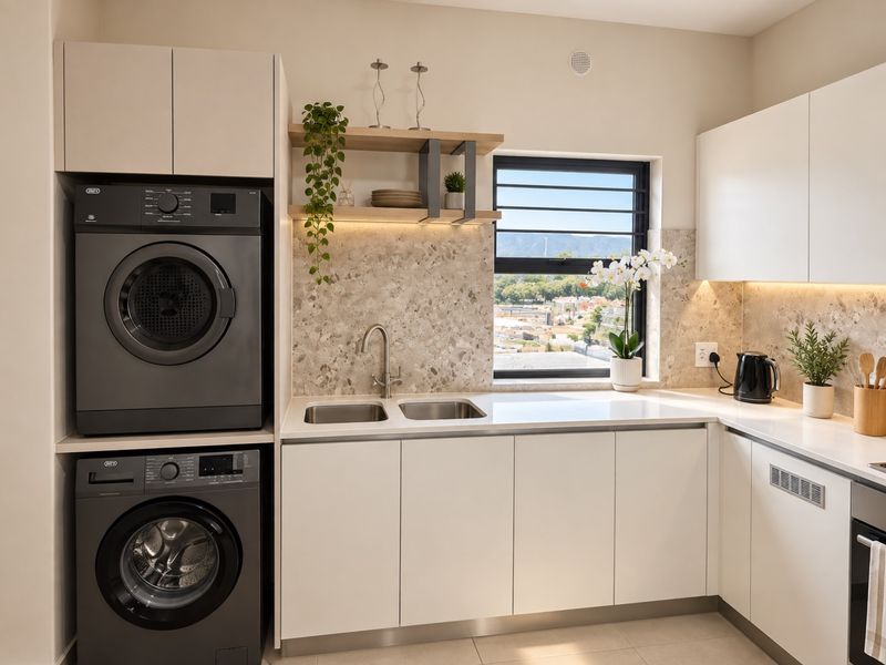 Modern laundry area featuring sleek white cabinetry, terrazzo backsplash, double sink, and integrated space for stacked laundry appliances with natural light.