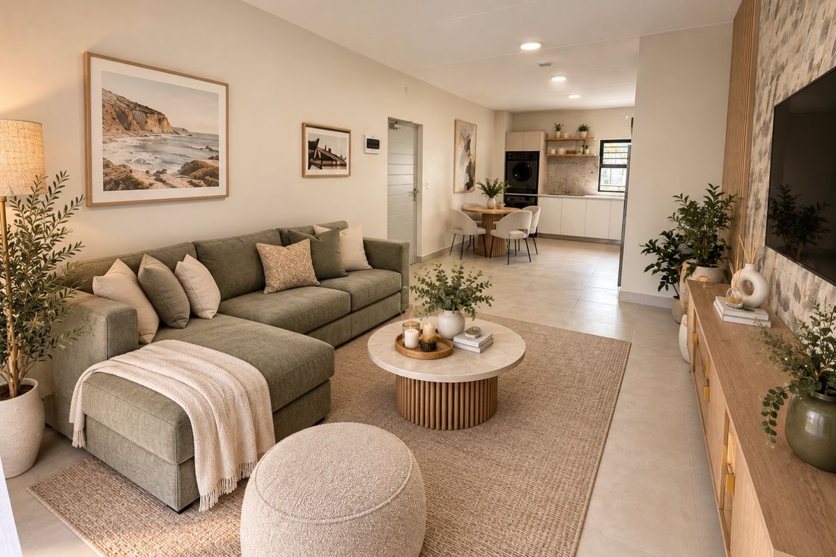 A modern open-plan living and kitchen area featuring neutral tones, tiled flooring, recessed lighting, and a contemporary kitchen layout with integrated appliances.