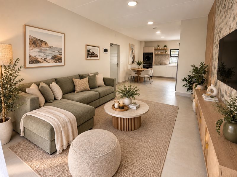 A modern open-plan living and kitchen area featuring neutral tones, tiled flooring, recessed lighting, and a contemporary kitchen layout with integrated appliances.