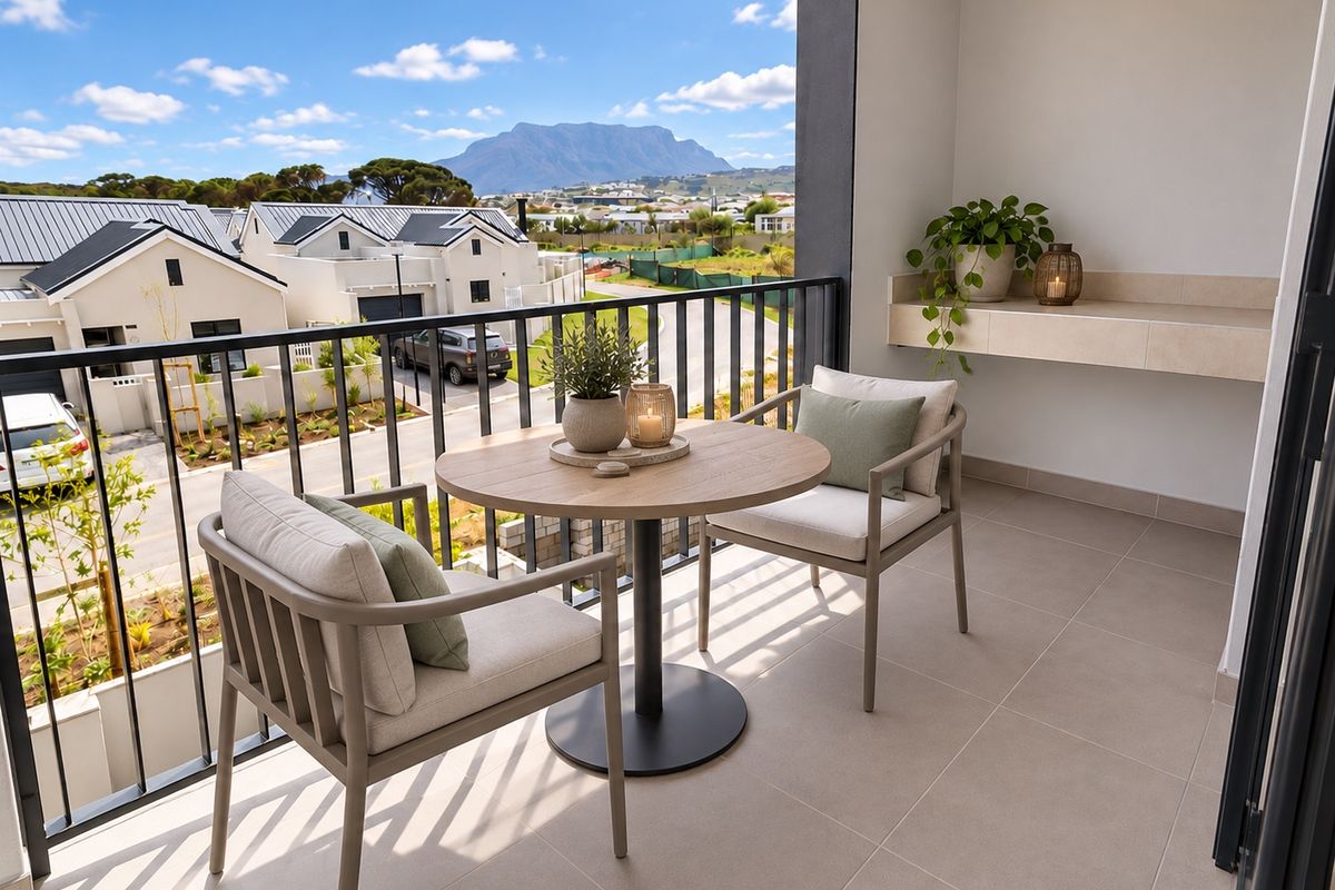 A modern covered balcony featuring tiled flooring, a sleek metal balustrade, and a built-in stone shelf, offering scenic mountain and neighborhood views.