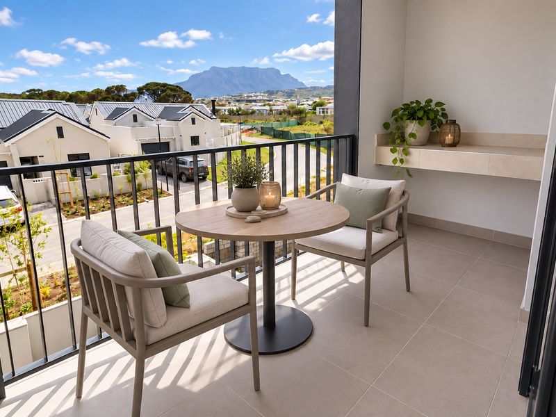 A modern covered balcony featuring tiled flooring, a sleek metal balustrade, and a built-in stone shelf, offering scenic mountain and neighborhood views.