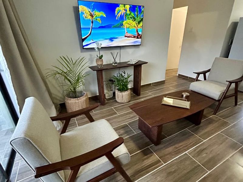 A well-maintained living room featuring modern wood-look tiled flooring and a wall-mounted television.