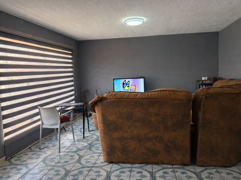A living room featuring patterned ceramic floor tiles, dark grey walls, and dual-layer roller blinds providing adjustable natural light control.