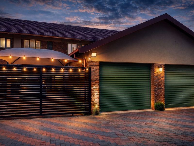 A well-maintained double garage with brick detailing and a paved driveway, featuring modern exterior lighting and a decorative privacy screen at dusk.