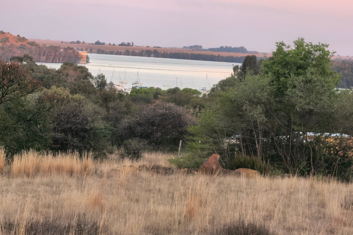 A scenic view overlooking a tranquil lake with surrounding natural vegetation and distant hills at sunset.