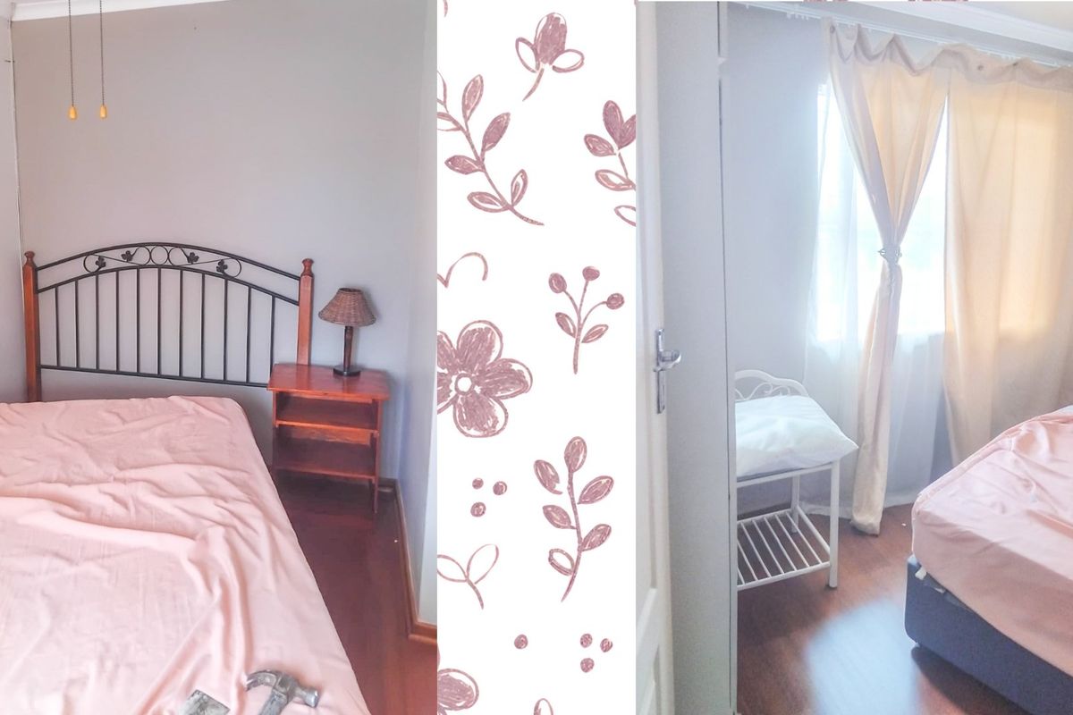 A bedroom featuring laminate flooring and cove cornice detailing.