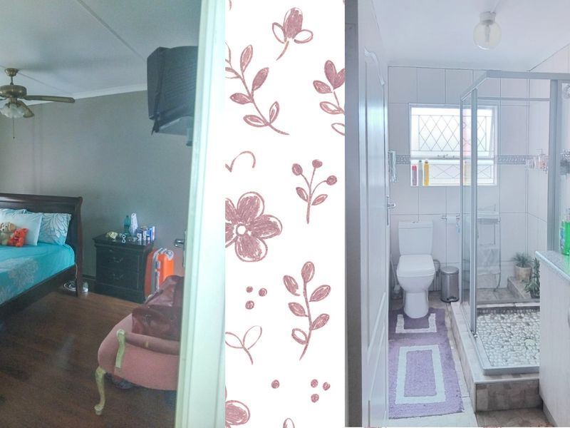 A composite image showing a bedroom with a ceiling fan and a bathroom featuring a shower enclosure and vanity unit.