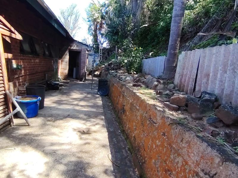 Rear exterior area featuring a concrete pathway, brick retaining wall, and mature trees along the boundary line.