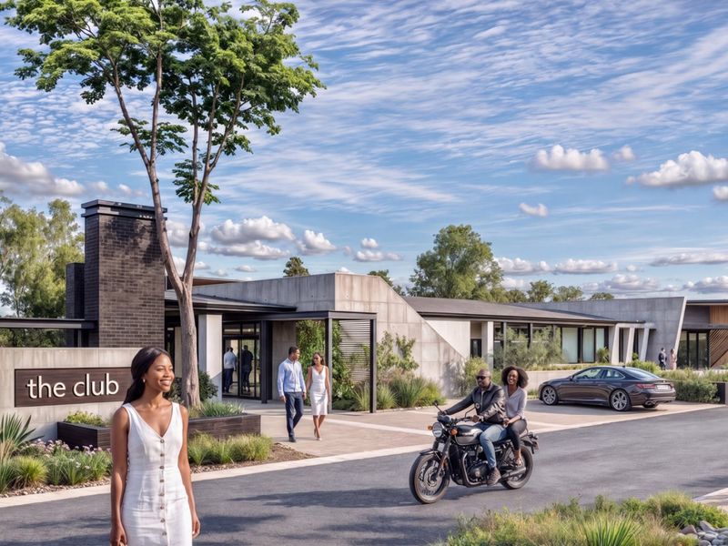 Modern clubhouse exterior featuring contemporary concrete architecture, brick chimney, and landscaped entrance area with paved driveway.