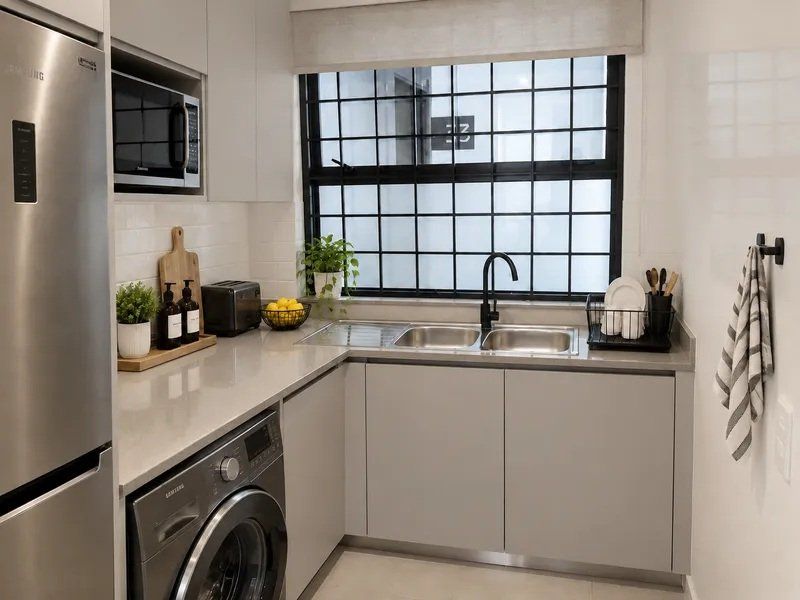 A modern, well-maintained kitchen featuring sleek grey cabinetry, stone countertops, a double sink with a black mixer tap, and integrated microwave.