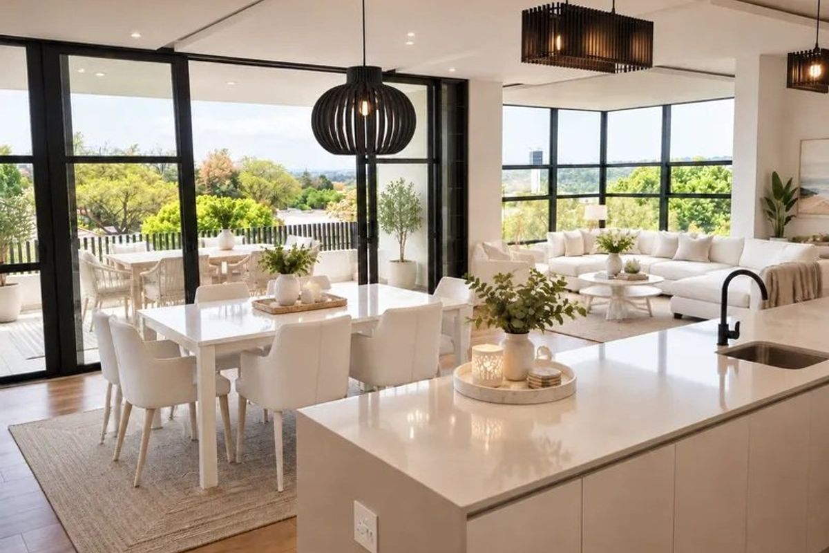 Spacious open-plan living area featuring a modern kitchen with stone island, floor-to-ceiling windows, and seamless access to a private balcony with scenic views.