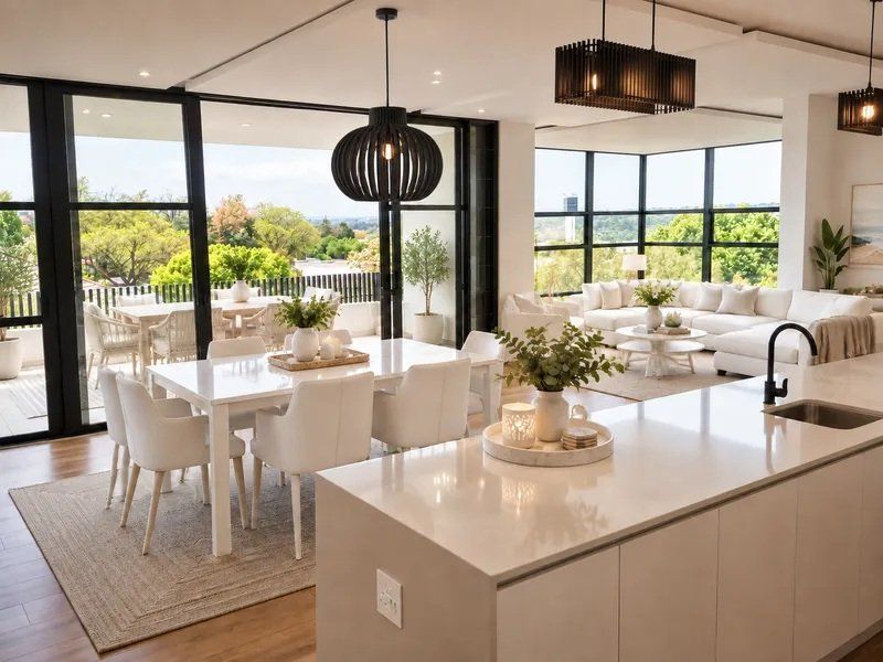 Spacious open-plan living area featuring a modern kitchen with stone island, floor-to-ceiling windows, and seamless access to a private balcony with scenic views.