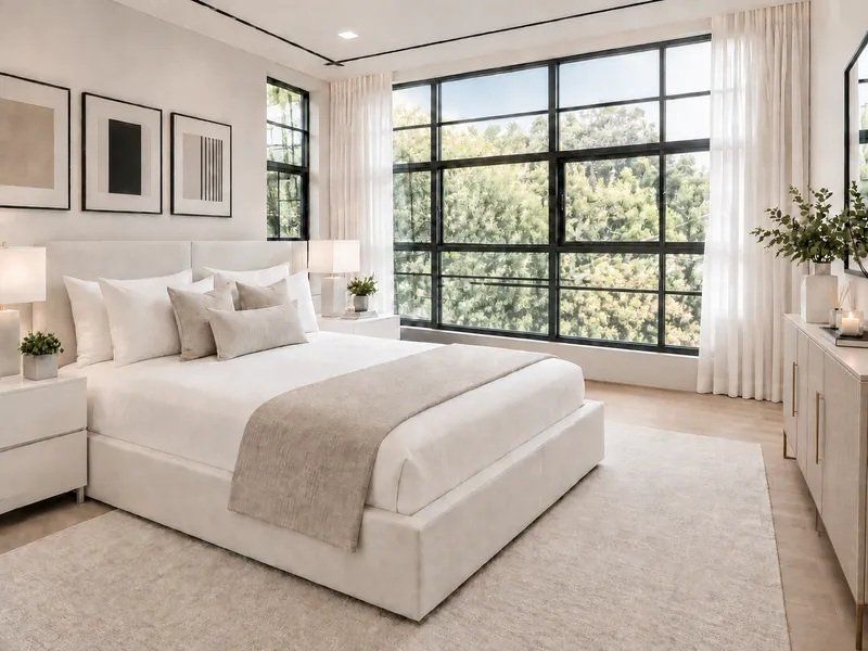 A bright and modern bedroom featuring large black-framed windows that provide ample natural light and a pleasant view of the surrounding greenery.
