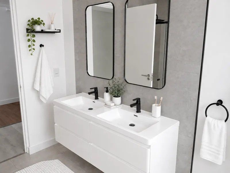 Modern bathroom featuring a sleek double vanity with matte black fixtures, dual mirrors, and a contemporary tiled feature wall.