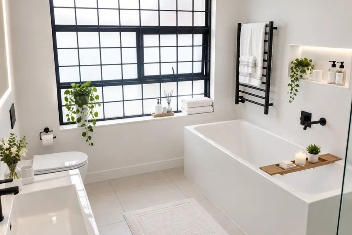 Modern bathroom featuring a grid-pattern window, built-in bathtub, wall-mounted towel warmer, and a recessed wall niche with integrated lighting.