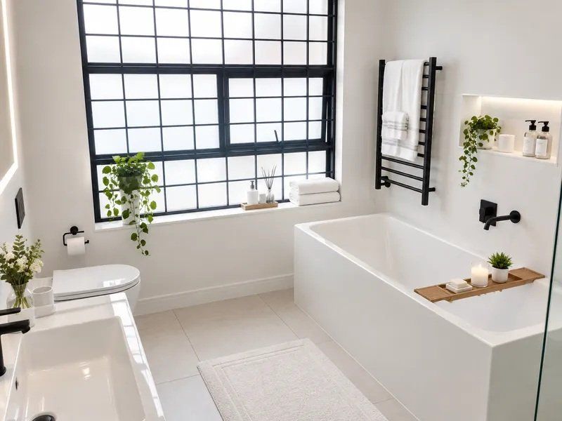 Modern bathroom featuring a grid-pattern window, built-in bathtub, wall-mounted towel warmer, and a recessed wall niche with integrated lighting.