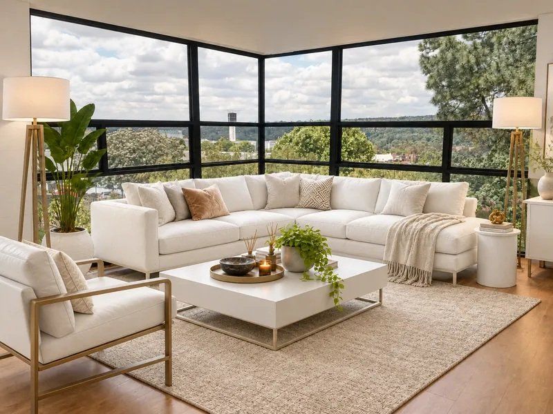 Bright and modern living room featuring expansive floor-to-ceiling corner windows that offer panoramic views and abundant natural light.
