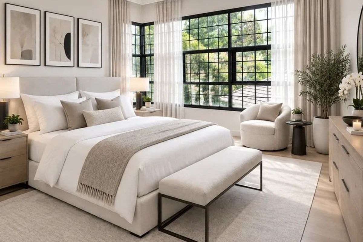 A bright and modern bedroom featuring large black-framed grid windows, neutral finishes, and high-quality flooring, offering a serene and well-lit living space.
