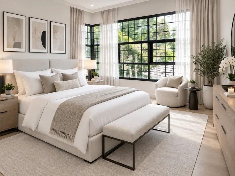A bright and modern bedroom featuring large black-framed grid windows, neutral finishes, and high-quality flooring, offering a serene and well-lit living space.